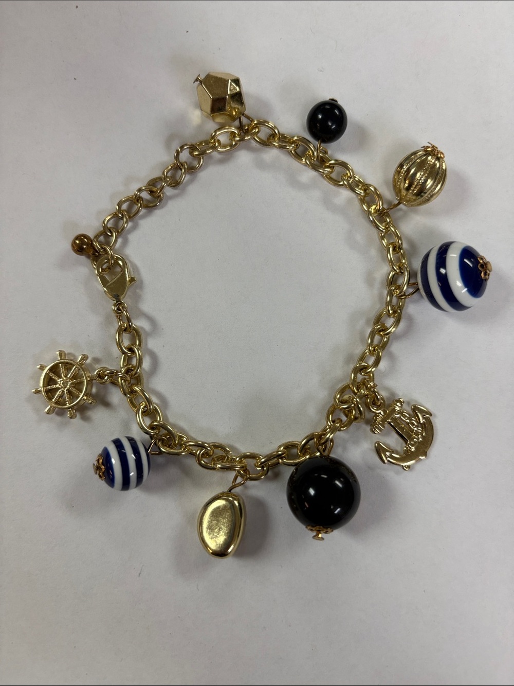 Gold tone Nautical Charm Bracelet with Blue Stripe & Black Beads